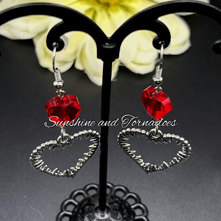 Gothic Barbed Wire Heart Earrings | Red Crystal Heart Earrings | Handmade Alternative Jewellery | Stainless Steel Ear Wires | Dark Romantic Gothic Earrings - Image 4