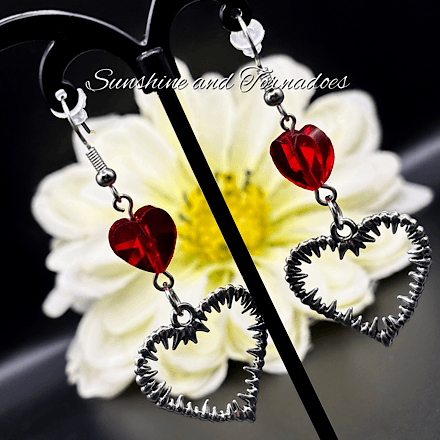 Gothic Barbed Wire Heart Earrings | Red Crystal Heart Earrings | Handmade Alternative Jewellery | Stainless Steel Ear Wires | Dark Romantic Gothic Earrings - Image 3