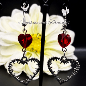 Gothic Barbed Wire Heart Earrings | Red Crystal Heart Earrings | Handmade Alternative Jewellery | Stainless Steel Ear Wires | Dark Romantic Gothic Earrings
