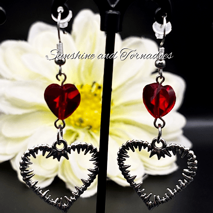 Gothic Barbed Wire Heart Earrings | Red Crystal Heart Earrings | Handmade Alternative Jewellery | Stainless Steel Ear Wires | Dark Romantic Gothic Earrings - Image 2