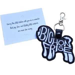 Black embroidered Bichon Frise word art keyring with silver clip and matching keepsake card for dog lovers.