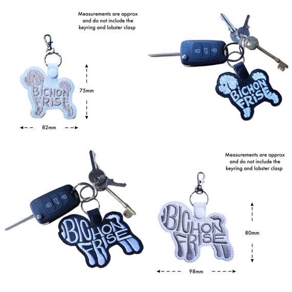 Bichon Frise word art keyring collage showing both design options, approximate sizes and examples attached to keys for everyday use.