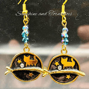 Black Cat Midnight Earrings, Enamel Cat Dangle Earrings, Hypoallergenic Stainless Steel Ear Wires, Celestial Cat Jewellery Gift.