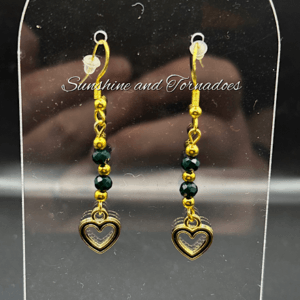 Black Heart Drop Earrings, Gold and Green Crystal Earrings, Hypoallergenic Stainless Steel Ear Wires, Elegant Dangle Earrings Gift.