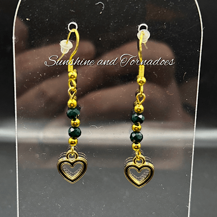 Black Heart Drop Earrings, Gold and Green Crystal Earrings, Hypoallergenic Stainless Steel Ear Wires, Elegant Dangle Earrings Gift.