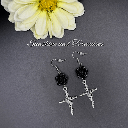 Black Rose Cross Gothic Earrings, Handmade Dark Romantic Jewellery, Victorian Goth Dangle Earrings, Alternative Statement Jewellery, Gothic Gift for Her - Image 8