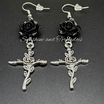 Black Rose Cross Gothic Earrings, Handmade Dark Romantic Jewellery, Victorian Goth Dangle Earrings, Alternative Statement Jewellery, Gothic Gift for Her - Image 6