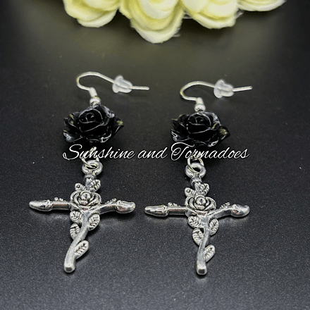 Black Rose Cross Gothic Earrings, Handmade Dark Romantic Jewellery, Victorian Goth Dangle Earrings, Alternative Statement Jewellery, Gothic Gift for Her - Image 5