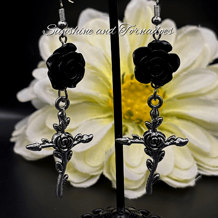 Black Rose Cross Gothic Earrings, Handmade Dark Romantic Jewellery, Victorian Goth Dangle Earrings, Alternative Statement Jewellery, Gothic Gift for Her - Image 4