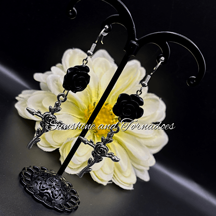 Black Rose Cross Gothic Earrings, Handmade Dark Romantic Jewellery, Victorian Goth Dangle Earrings, Alternative Statement Jewellery, Gothic Gift for Her - Image 3
