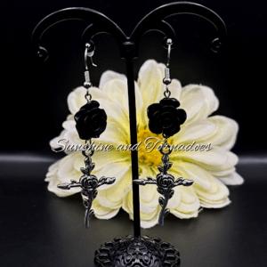 Black Rose Cross Gothic Earrings, Handmade Dark Romantic Jewellery, Victorian Goth Dangle Earrings, Alternative Statement Jewellery, Gothic Gift for Her