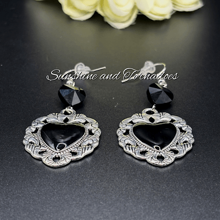 Black Gothic Heart Earrings, Victorian Style Dangle Earrings, Handmade Dark Romantic Jewellery, Alternative Statement Earrings, Goth Gift for Her - Image 7
