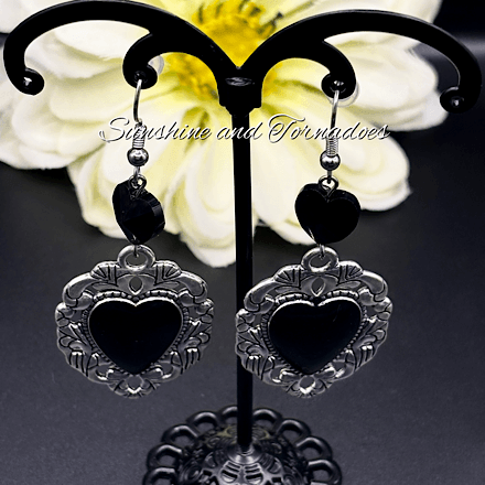 Black Gothic Heart Earrings, Victorian Style Dangle Earrings, Handmade Dark Romantic Jewellery, Alternative Statement Earrings, Goth Gift for Her - Image 6