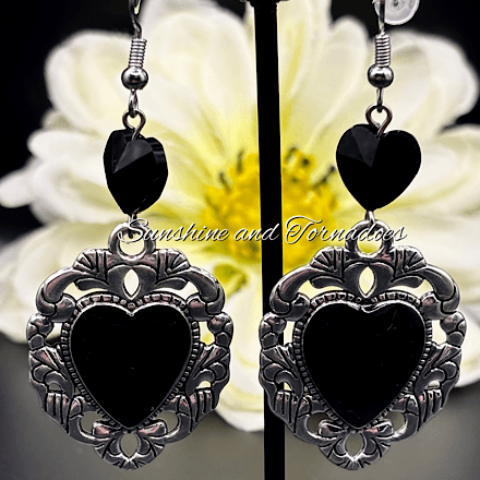 Black Gothic Heart Earrings, Victorian Style Dangle Earrings, Handmade Dark Romantic Jewellery, Alternative Statement Earrings, Goth Gift for Her - Image 5