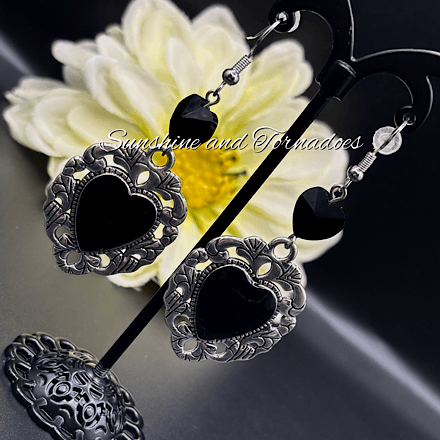 Black Gothic Heart Earrings, Victorian Style Dangle Earrings, Handmade Dark Romantic Jewellery, Alternative Statement Earrings, Goth Gift for Her - Image 4