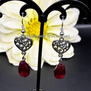 Gothic Red Crystal Heart Earrings | Handmade Gothic Dangle Earrings | Celtic Heart Jewellery | Stainless Steel Ear Wires | Dark Romantic Jewellery Gift