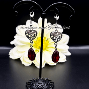 Gothic Red Crystal Heart Earrings | Handmade Gothic Dangle Earrings | Celtic Heart Jewellery | Stainless Steel Ear Wires | Dark Romantic Jewellery Gift