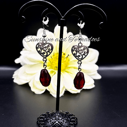 Gothic Red Crystal Heart Earrings | Handmade Gothic Dangle Earrings | Celtic Heart Jewellery | Stainless Steel Ear Wires | Dark Romantic Jewellery Gift
