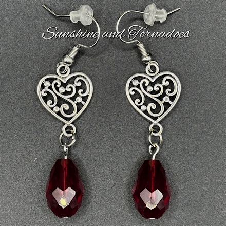 Gothic Red Crystal Heart Earrings | Handmade Gothic Dangle Earrings | Celtic Heart Jewellery | Stainless Steel Ear Wires | Dark Romantic Jewellery Gift - Image 3