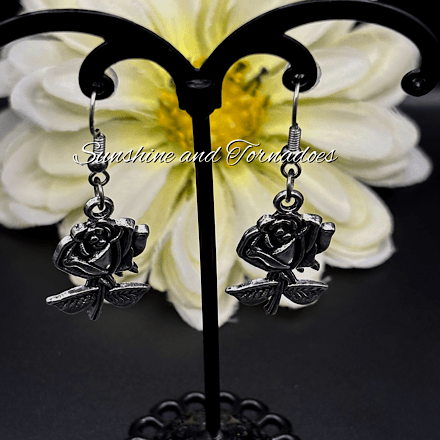 Silver Rose Gothic Earrings, Handmade Floral Dangle Earrings, Alternative Romantic Jewellery, Vintage Style Rose Earrings, Gothic Gift for Her - Image 6