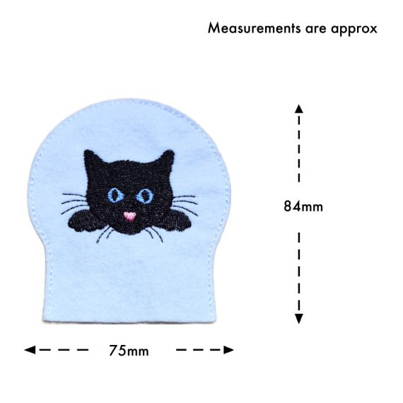 Cat LED tealight cover size guide showing the embroidered white felt cover with black cat face, measuring approximately 75mm x 84mm.