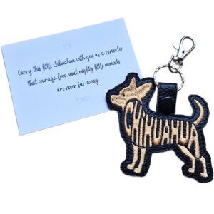 Black embroidered Chihuahua word art keyring with silver clip and matching keepsake card for dog lovers.