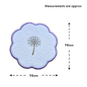 Dandelion seed head candle coaster size guide showing the embroidered scalloped coaster measuring approximately 98mm by 98mm.