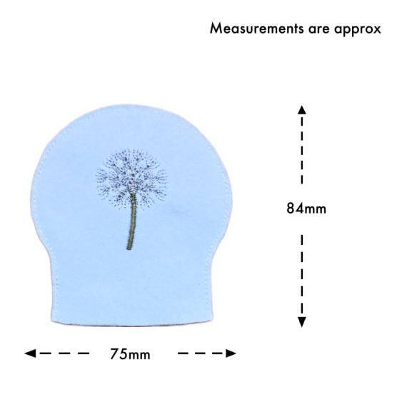 Dandelion seed head tealight cover size guide showing the embroidered white felt cover measuring approximately 75mm wide by 84mm high.