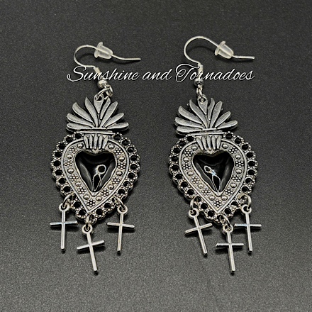 Gothic Heart Cross Earrings | Handmade Gothic Dangle Earrings | Alternative Jewellery | Stainless Steel Hypoallergenic Ear wires | Dark Romantic Earrings - Image 3