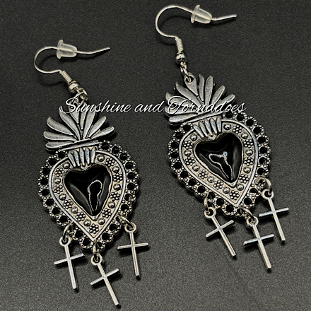 Gothic Heart Cross Earrings | Handmade Gothic Dangle Earrings | Alternative Jewellery | Stainless Steel Hypoallergenic Ear wires | Dark Romantic Earrings - Image 4