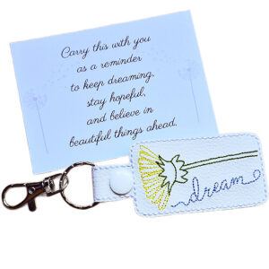 White embroidered dandelion keyring with 'dream' text, silver clip and matching keepsake card with hopeful message.