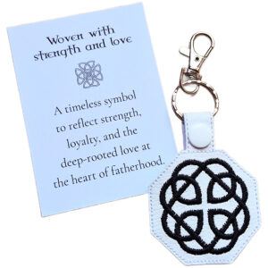 White Fatherhood Celtic Knot keyring with black embroidered knotwork design, shown with a matching keepsake card about strength, loyalty and fatherhood.