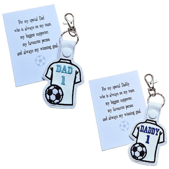 Football Dad and Daddy keyrings with matching keepsake cards featuring embroidered football shirt designs and special supporter wording