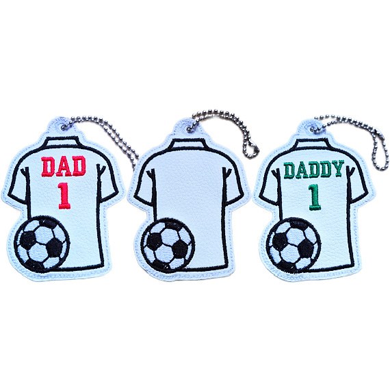 Football Dad or Daddy hanging charms made from faux leather with embroidered football shirt designs in blank, Dad and Daddy options
