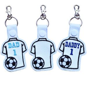 Football Dad or Daddy keyrings made from faux leather with embroidered football shirt designs in blank, Dad and Daddy options