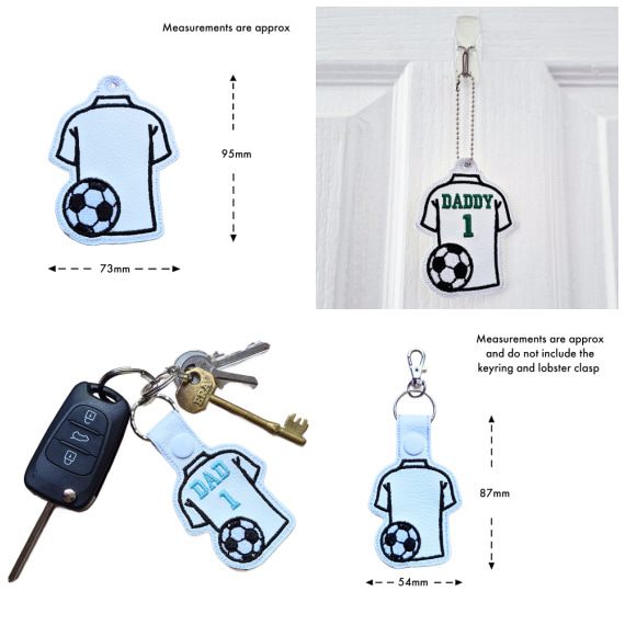 Football Dad or Daddy keyring and hanging charm size guide showing embroidered football shirt designs with approximate measurements of 95mm x 73mm for the charm and 87mm x 54mm for the keyring