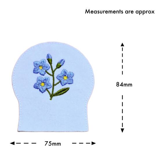 Forget me not tealight cover size guide showing the embroidered white felt cover measuring approximately 75mm wide by 84mm high.