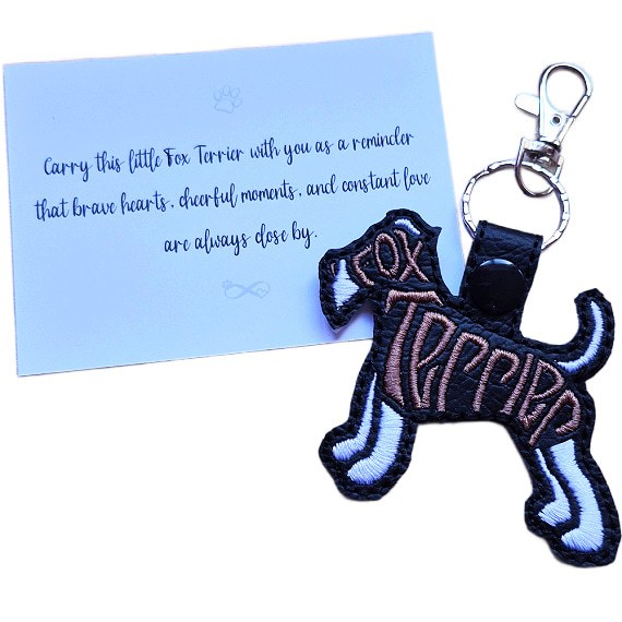 Black embroidered Fox Terrier word art keyring shown beside its keepsake card with a sentimental dog lover message.