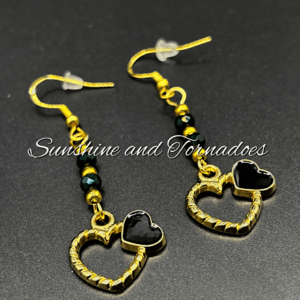 Black Double Heart Drop Earrings, Gold Heart Dangle Earrings, Hypoallergenic Stainless Steel Ear Wires, Elegant Romantic Jewellery Gift.
