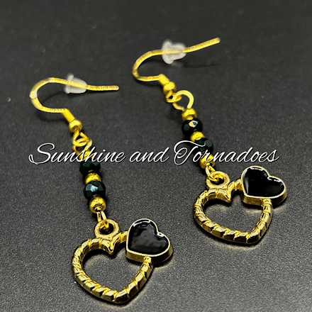 Black Double Heart Drop Earrings, Gold Heart Dangle Earrings, Hypoallergenic Stainless Steel Ear Wires, Elegant Romantic Jewellery Gift. - Image 2