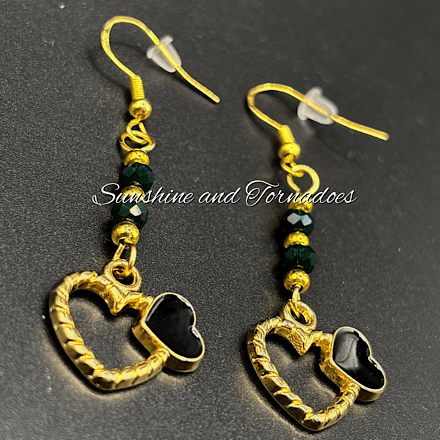 Black Double Heart Drop Earrings, Gold Heart Dangle Earrings, Hypoallergenic Stainless Steel Ear Wires, Elegant Romantic Jewellery Gift. - Image 3