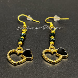 Black Double Heart Drop Earrings, Gold Heart Dangle Earrings, Hypoallergenic Stainless Steel Ear Wires, Elegant Romantic Jewellery Gift.
