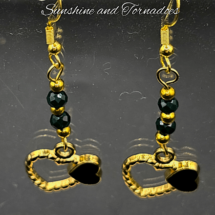 Black Double Heart Drop Earrings, Gold Heart Dangle Earrings, Hypoallergenic Stainless Steel Ear Wires, Elegant Romantic Jewellery Gift. - Image 5