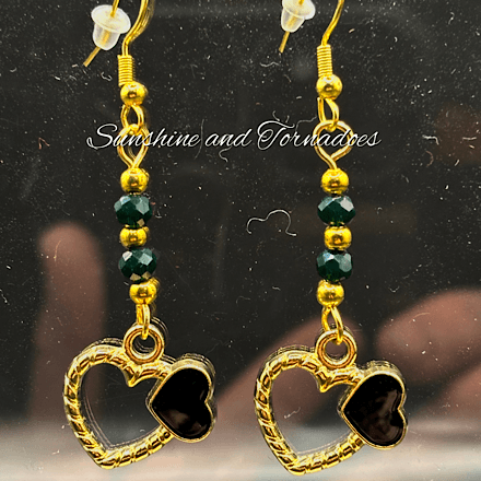 Black Double Heart Drop Earrings, Gold Heart Dangle Earrings, Hypoallergenic Stainless Steel Ear Wires, Elegant Romantic Jewellery Gift. - Image 6