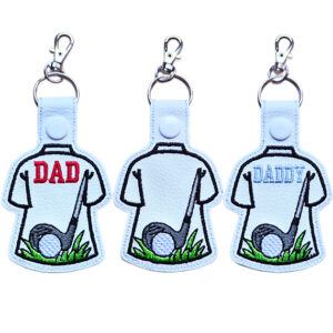 Golf Dad or Daddy keyrings made from faux leather with embroidered golf shirt, ball and club designs in blank, Dad and Daddy options