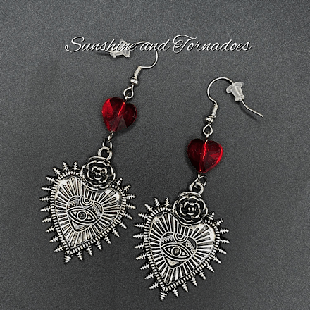 Gothic Sacred Heart Eye Earrings with Red Crystal, Handmade Dark Jewellery, Alternative Statement Earrings, Occult Goth Gift, Victorian Style Dangle Earrings - Image 8