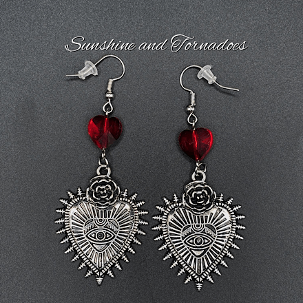 Gothic Sacred Heart Eye Earrings with Red Crystal, Handmade Dark Jewellery, Alternative Statement Earrings, Occult Goth Gift, Victorian Style Dangle Earrings - Image 7