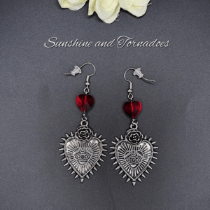 Gothic Sacred Heart and Eye Drop Earrings with Red Crystal Hearts
