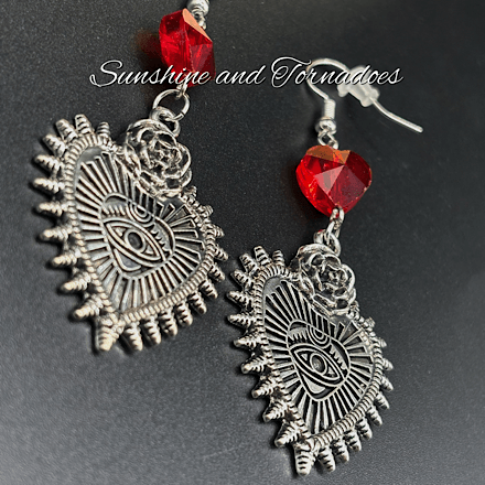 Gothic Sacred Heart Eye Earrings with Red Crystal, Handmade Dark Jewellery, Alternative Statement Earrings, Occult Goth Gift, Victorian Style Dangle Earrings - Image 6