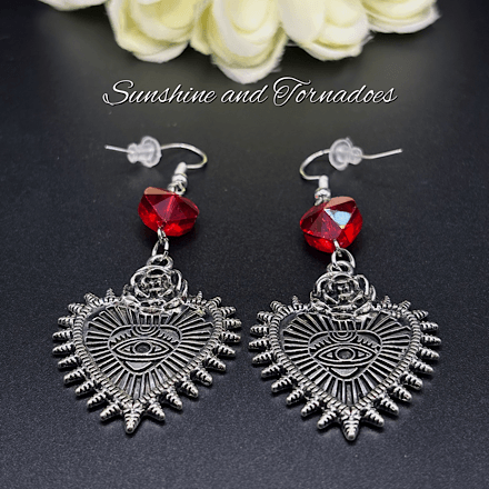 Gothic Sacred Heart Eye Earrings with Red Crystal, Handmade Dark Jewellery, Alternative Statement Earrings, Occult Goth Gift, Victorian Style Dangle Earrings - Image 5